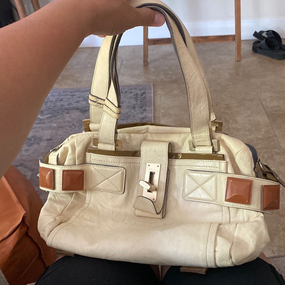 Chloe Cream Leather Shoulder Bag with Brown Accent Squares